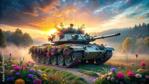 A powerful, armored tank stands proudly on a misty dawn landscape, its metallic body adorned with vibrant flowers, symbols of strength and unexpected femininity. photo