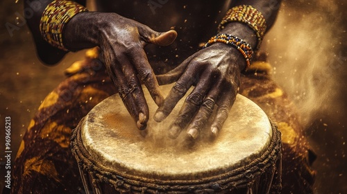 An African drummer skillfully strikes the surface of a traditional drum. Dust rises with each powerful motion, capturing the energy and intensity of the celebration