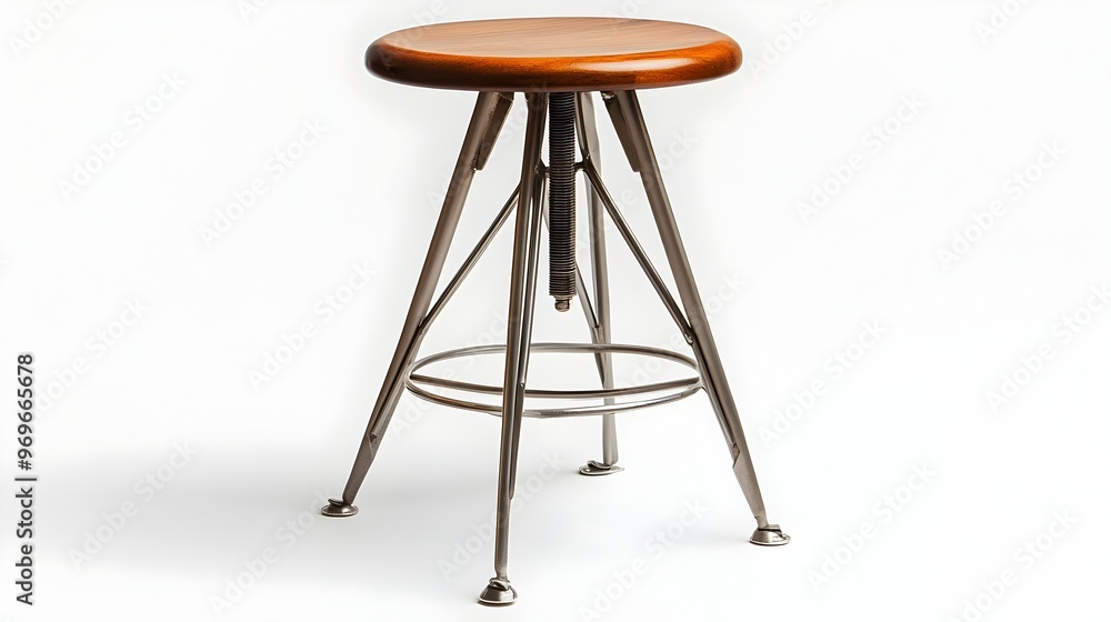 Minimalist Wooden Stool with Metal Legs on White Background Minimalist Wooden Stool with Metal Legs on White Background