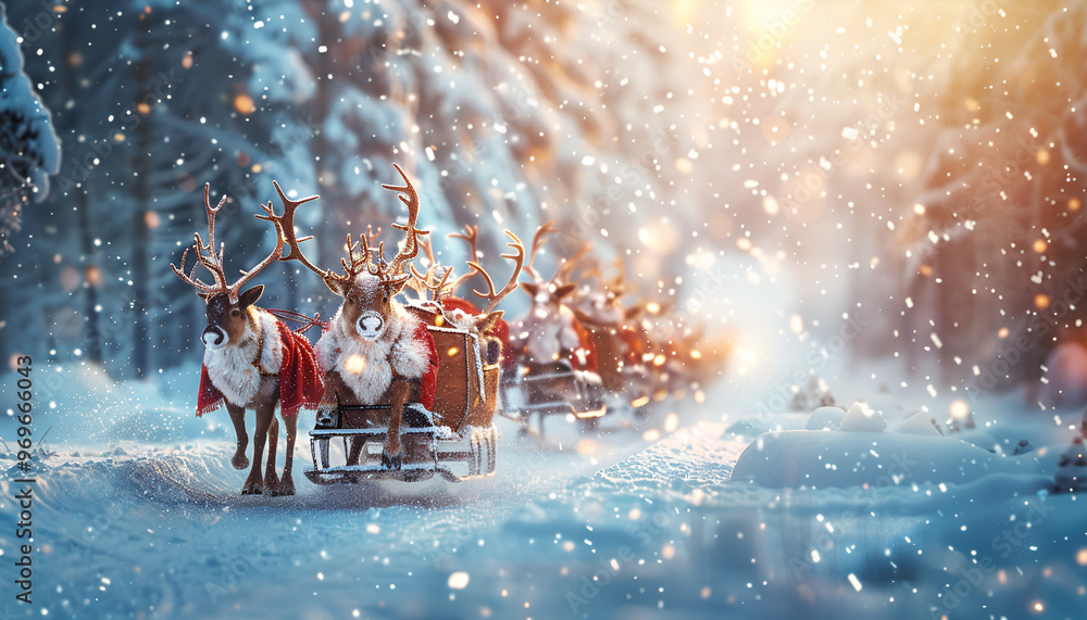 Large Santa reindeer deer with golden antlers stands in a snow-covered forest Large Santa reindeer deer with golden antlers stands in a snow-covered forest