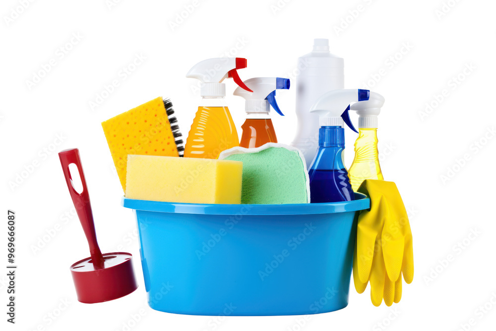 A white bucket filled with cleaning supplies, including a sponge, rubber gloves, dish soap, and a spray bottle, isolated on a white background A white bucket filled with cleaning supplies, including a sponge, rubber gloves, dish soap, and a spray bottle, isolated on a white background