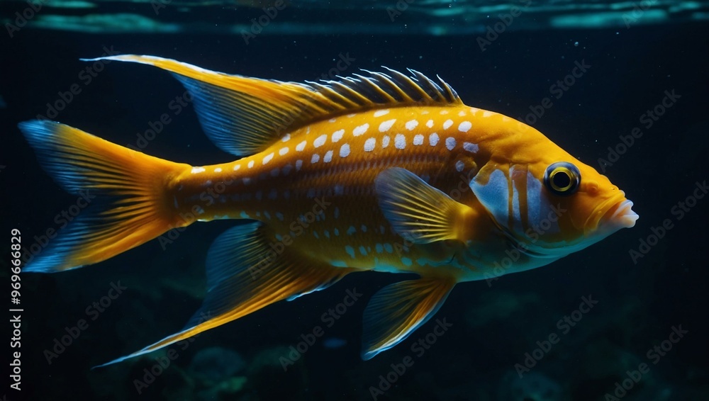 Close-up of exotic fish swimming in a dark aquarium, showcasing their vibrant colors and graceful movements. Close-up of exotic fish swimming in a dark aquarium, showcasing their vibrant colors and graceful movements.