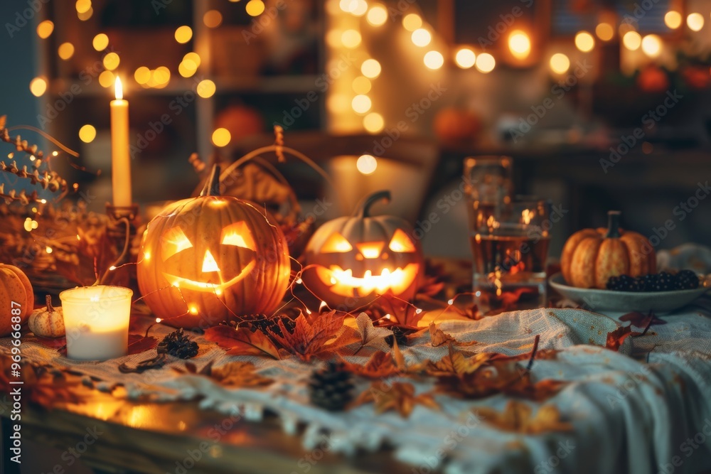 Glowing jack-o'-lanterns amidst autumn decor Glowing jack-o'-lanterns amidst autumn decor