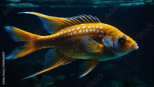 Close-up of exotic fish swimming in a dark aquarium, showcasing their vibrant colors and graceful movements.