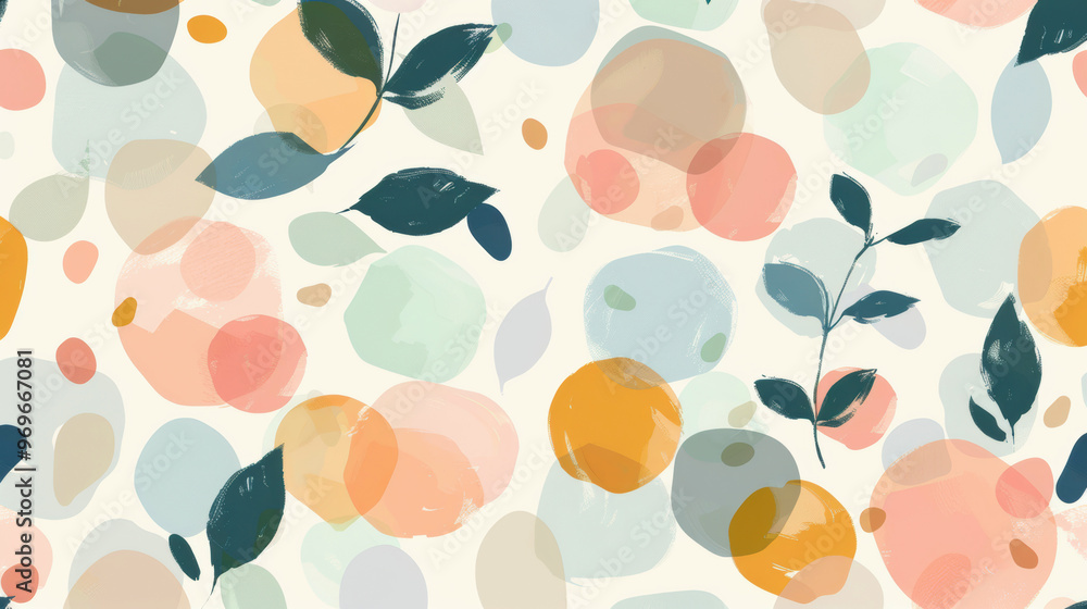 Abstract pastel-colored leaves overlapping on light background. Seamless pattern illustration for textile, wallpaper Abstract pastel-colored leaves overlapping on light background. Seamless pattern illustration for textile, wallpaper