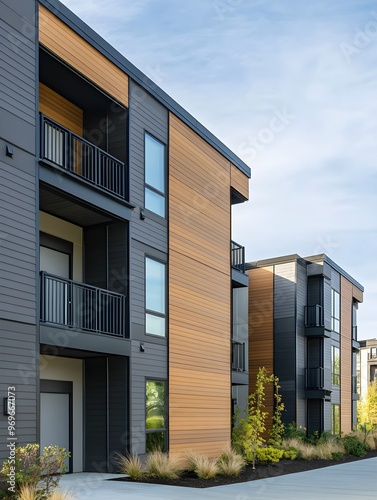 The exterior facade of a contemporary multifamily building featuring Hardie plank siding