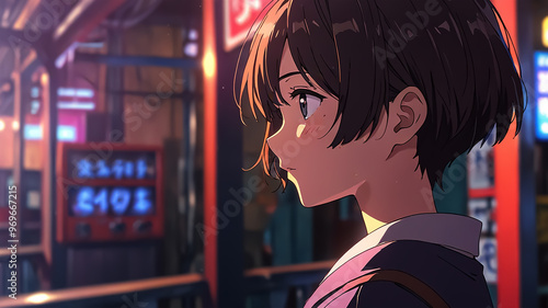 Vibrant Anime Style Young Girl Lofi Style, 4K Background.