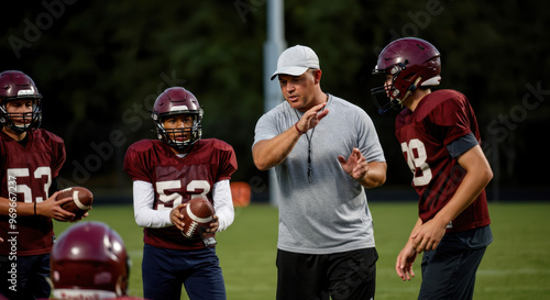 Football coach instructing teenage players during a practice session.