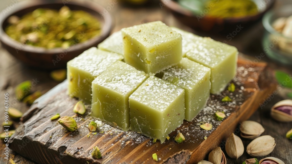 Traditional Indian Pista Barfi Sweet Treat on Green Banana Leaf Traditional Indian Pista Barfi Sweet Treat on Green Banana Leaf
