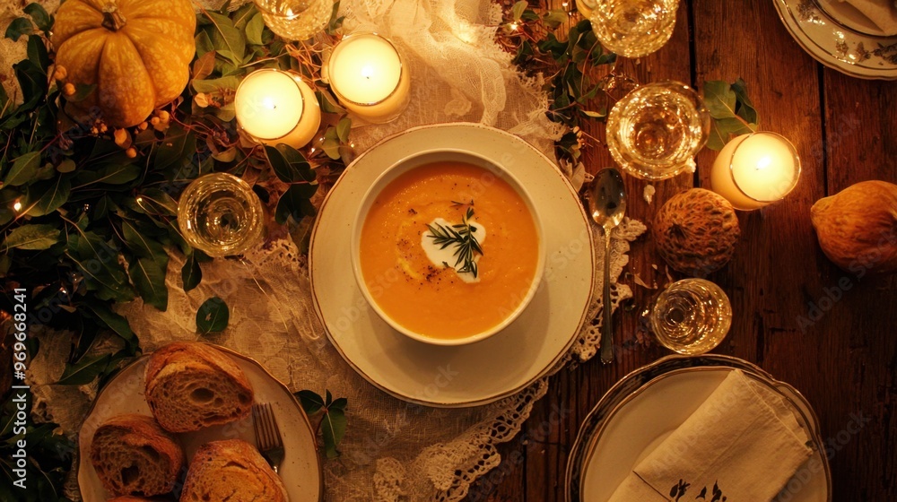 A cozy autumn dinner featuring butternut squash soup, fresh bread, and apple cider, 50 keywords A cozy autumn dinner featuring butternut squash soup, fresh bread, and apple cider, 50 keywords
