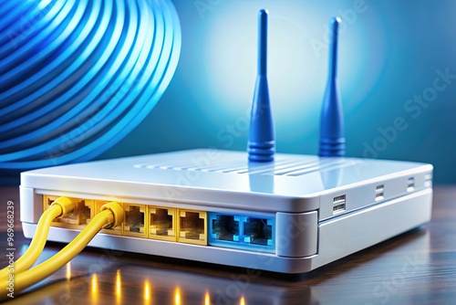 A router connects to a modem via coaxial cable, transmitting digital signals through fiber-optic networks, enabling high-speed internet access and secure data transfer. photo