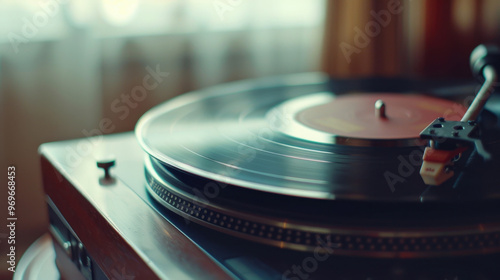 Vintage Vinyl Record Player in Ambient Room Light