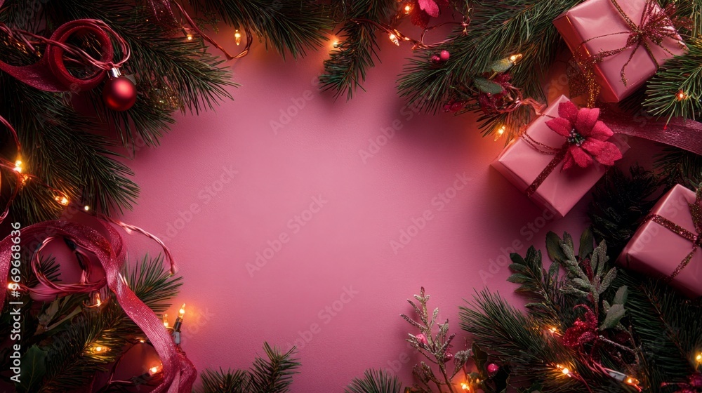 Festive Christmas Background with Presents and Decorations Festive Christmas Background with Presents and Decorations