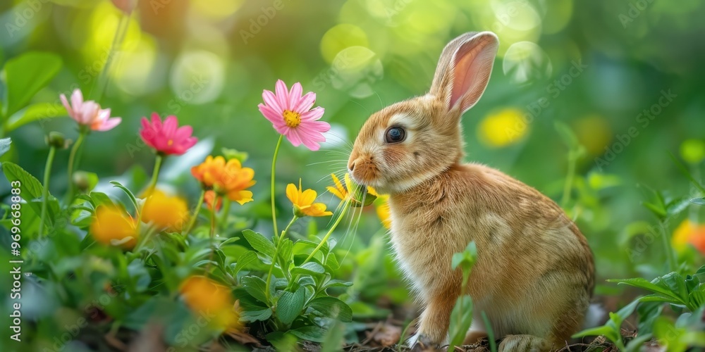 Adorable Bunny Sniffing Vibrant Flower in Captivating Negative Space Adorable Bunny Sniffing Vibrant Flower in Captivating Negative Space