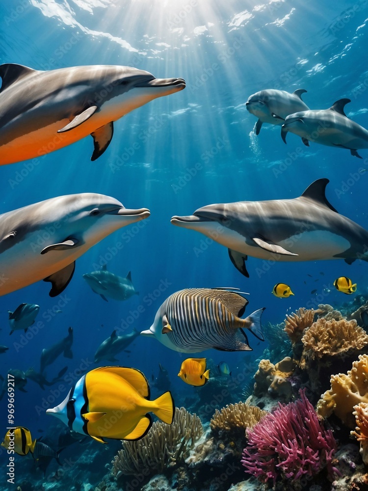 Fototapeta premium Colorful sea fish and dolphins in a fun vector design.