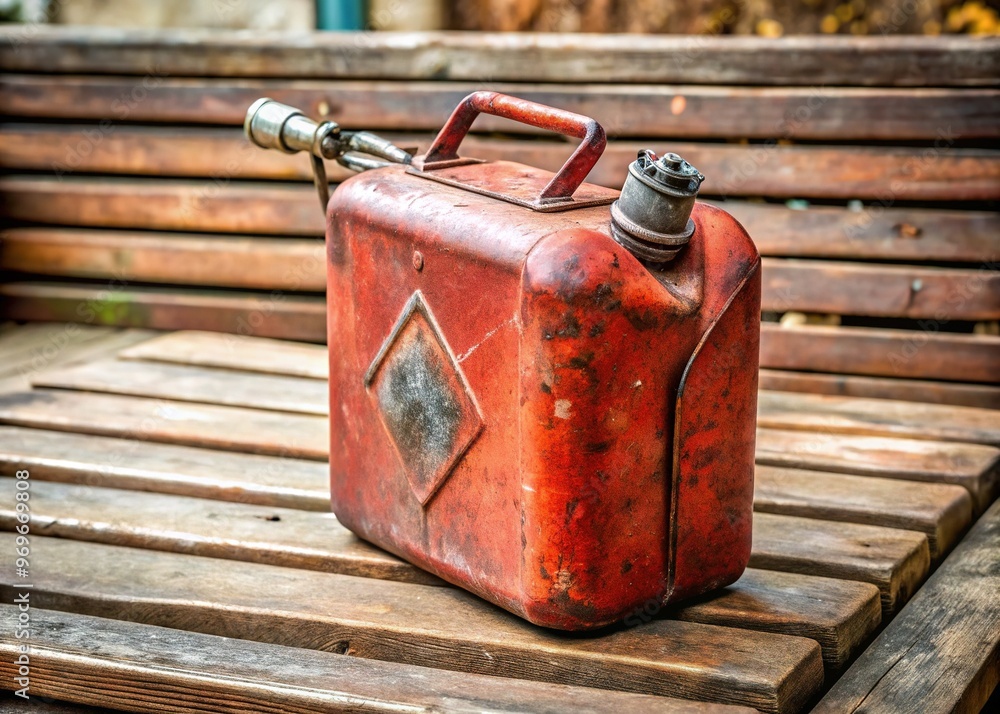 A rusty, red, metal square gas can with a worn, silver nozzle and faded warning labels sits isolated on a weathered, wooden bench. A rusty, red, metal square gas can with a worn, silver nozzle and faded warning labels sits isolated on a weathered, wooden bench.