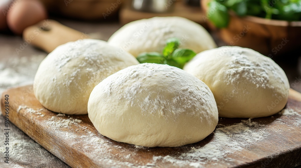 Fresh Dough Balls Ready for Pizza Making on Wooden Board Fresh Dough Balls Ready for Pizza Making on Wooden Board