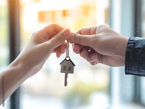 Professional close-up of two hands, one holding keys and a house-shaped keychain. photo