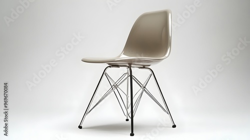 Photograph of a sleek and modern minimalist stacking chair featuring a plastic seat and metal legs displayed against a clean white background for a simple elegant and versatile product showcase