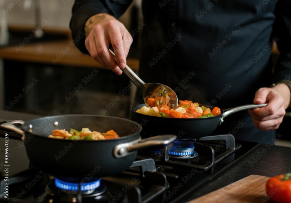Chef Cooking Vegetables in a Pan on Stovetop Chef Cooking Vegetables in a Pan on Stovetop