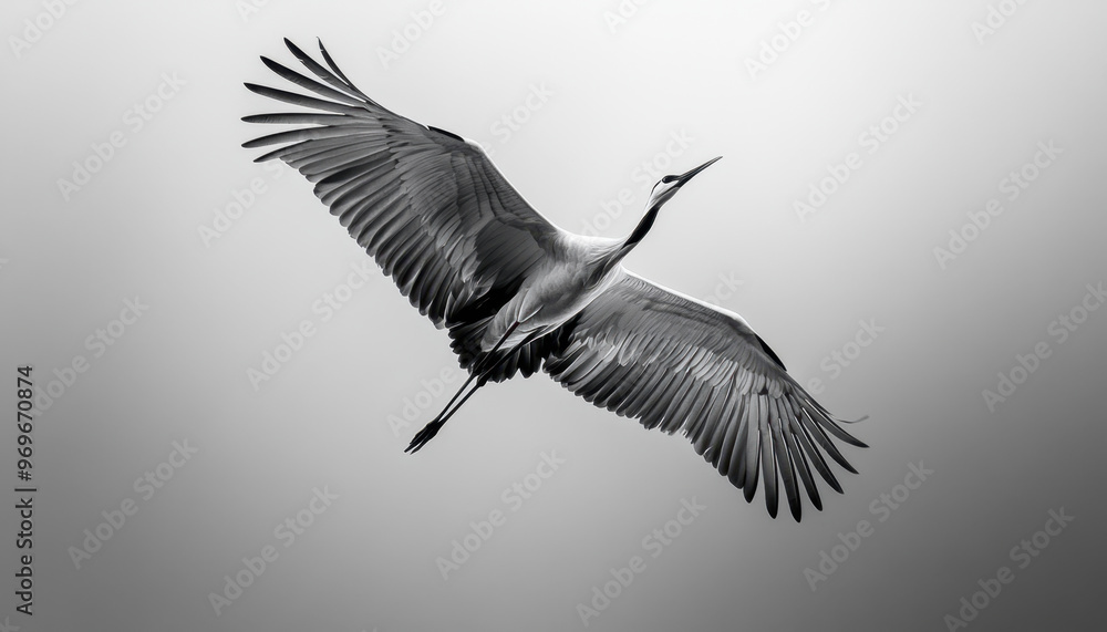 Naklejka premium Majestic Crane in Flight Against a Clear Sky