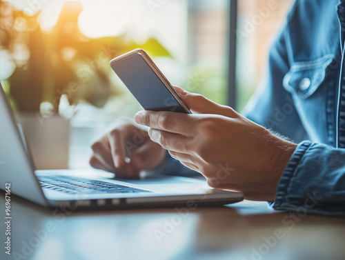 Arbeit am Laptop und Smartphone Zuhause und im Büro, Synchronisation von Daten zwischen Laptop und Smartphone, Multi-Faktor-Authentifizierung mit dem Smartphone zur Anmeldung auf ein Internet Konto