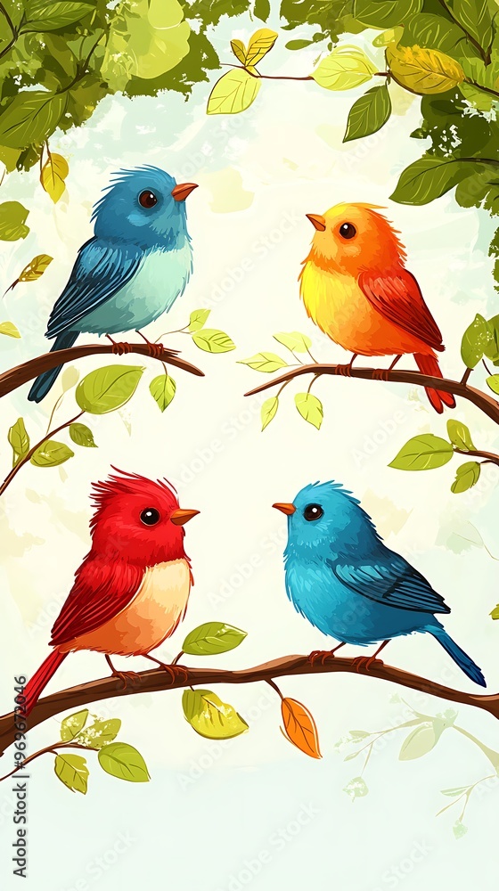 Fototapeta premium Four Colorful Birds Perched on Branches with Green Leaves.