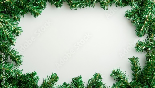 Festive Christmas Pine Branch Frame on White Background