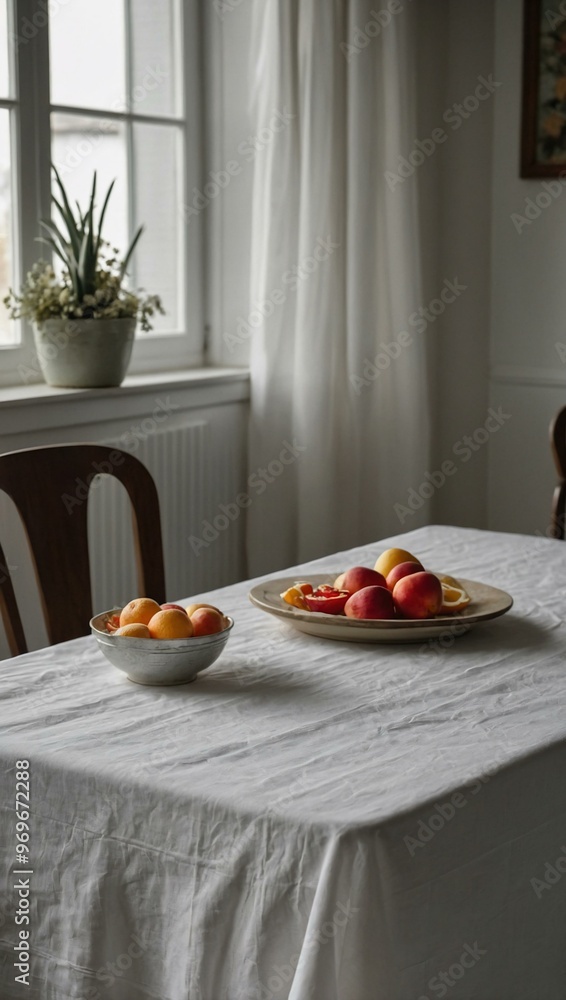 Crisp white tablecloth spread out on a table, awaiting use. Crisp white tablecloth spread out on a table, awaiting use.