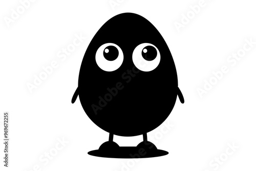 Cartoon egg with eyes, silhouette black color vector art illustration