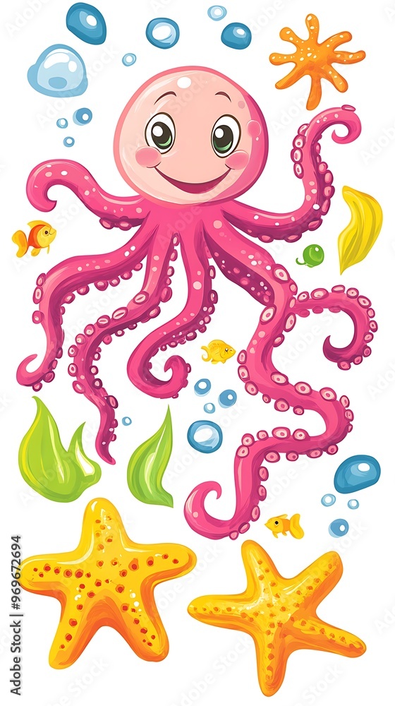 Fototapeta premium Cute Cartoon Pink Octopus With Sea Elements.