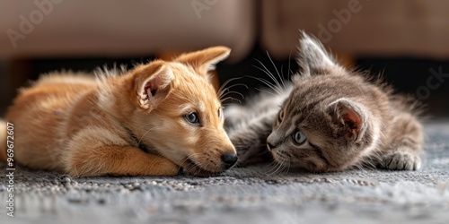 Sweet Friendship - Adorable Puppy and Kitten Playing Together with Negative Space for Copy