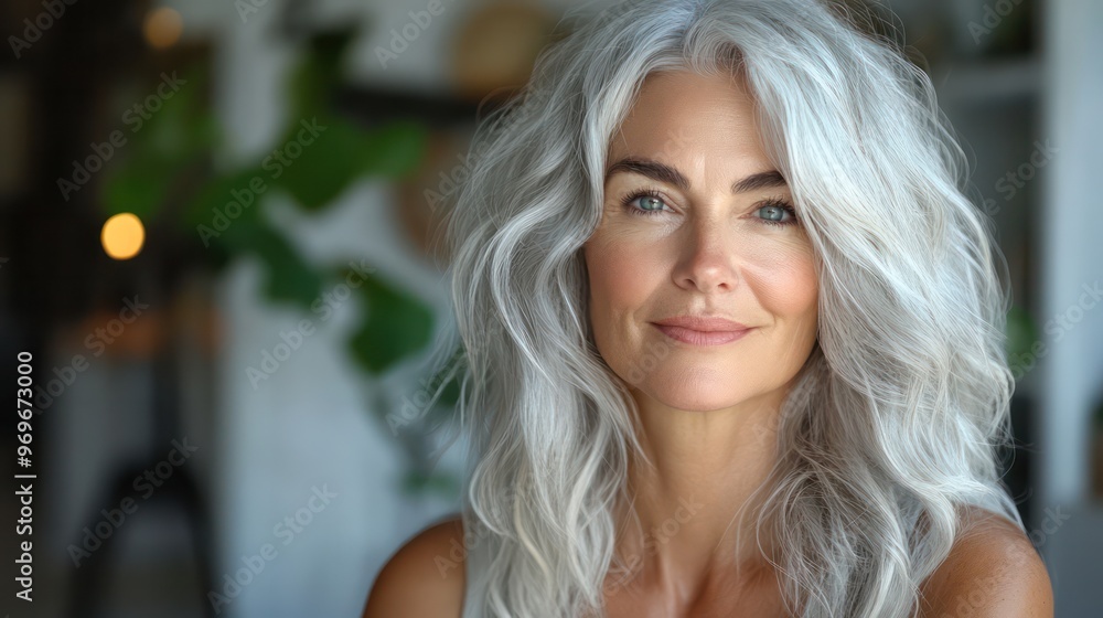 Fototapeta premium A middle-aged influencer embraces her silver hair and radiant style. Become a role model for embracing natural beauty.