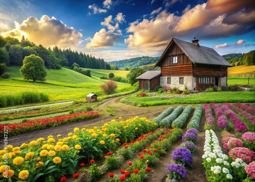 A serene rural landscape unfolds with a lush green field, rustic farmhouse, and vibrant flowers and crops, exuding a sense of peaceful rural tranquility.