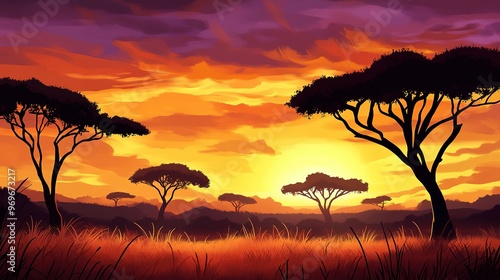 A sunset over a savanna landscape with acacia trees silhouetted against the sky