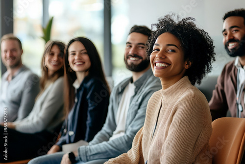 Wallpaper Mural Diverse group of smiling people sitting in a row, looking at the camera. Torontodigital.ca
