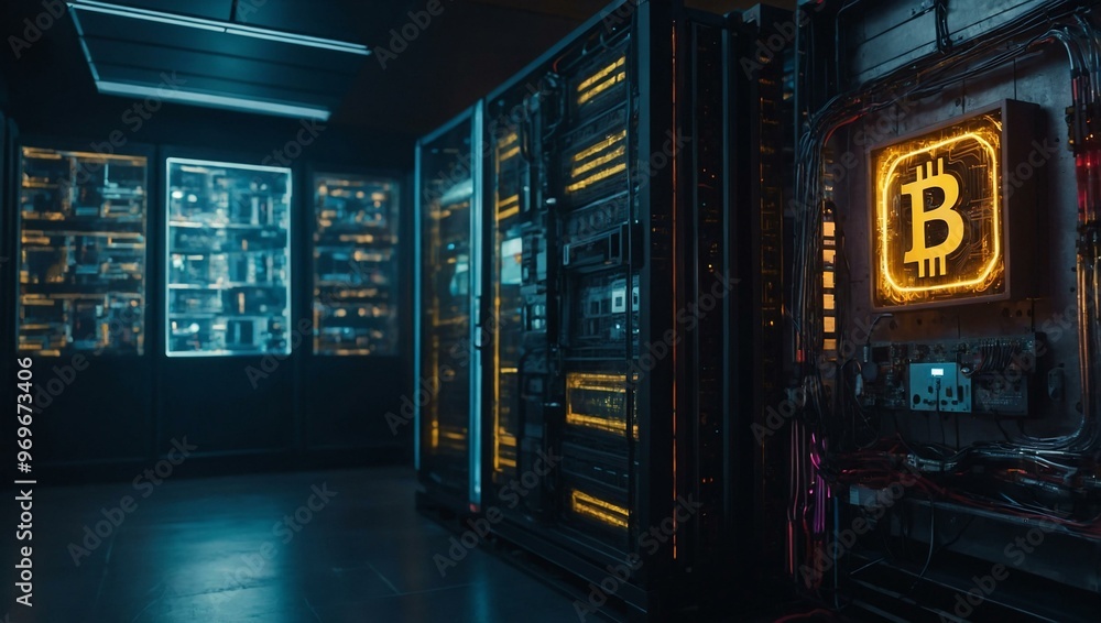 Cyberpunk server room with Bitcoin symbol, depicting a high-tech digital environment. Cyberpunk server room with Bitcoin symbol, depicting a high-tech digital environment.