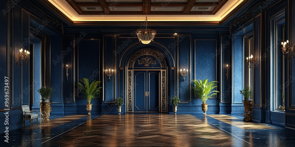 Fototapeta premium expensive hotel lobby with luxury dark blue wooden panels, carvings royal style and elegant wooden floor