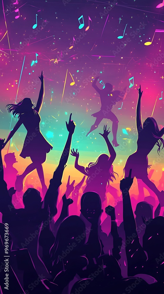 Silhouettes of People Dancing at a Concert with Music Notes Falling from the Ceiling. Silhouettes of People Dancing at a Concert with Music Notes Falling from the Ceiling.