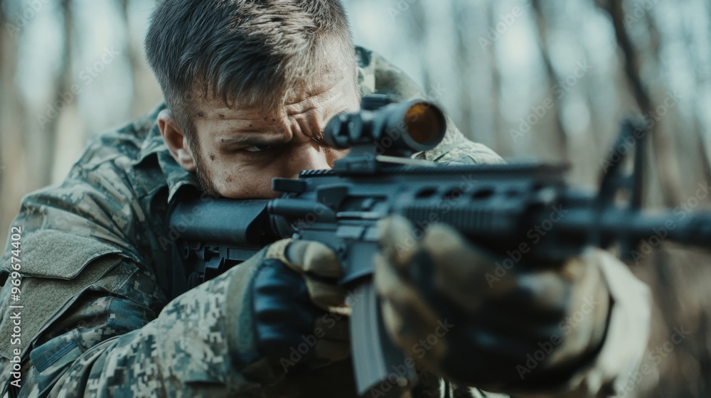 Fototapeta premium Military Soldier in Camouflage Aiming Rifle in the Field
