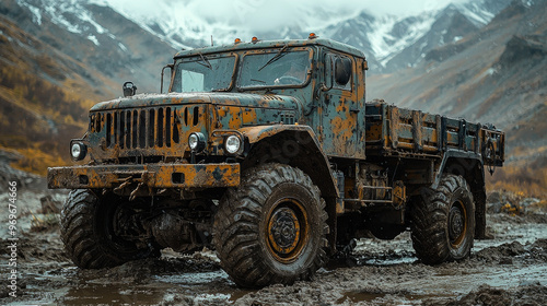 A weathered truck, covered in mud, drives through a rugged mountain pass.