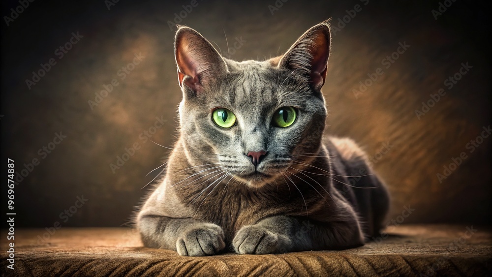 A sleek, grey feline's distinctive head shape and piercing green eyes stand out on a textured surface under warm, gentle lighting. A sleek, grey feline's distinctive head shape and piercing green eyes stand out on a textured surface under warm, gentle lighting.