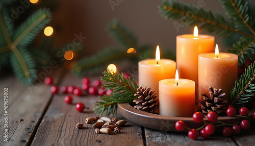 Warm Christmas Candles Glowing with Festive Decorations on Rustic Wooden Background