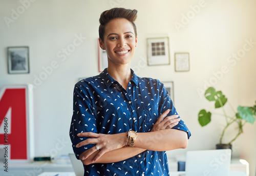 Canvastavla Portrait, happy and business woman with arms crossed for opportunity, pride and career