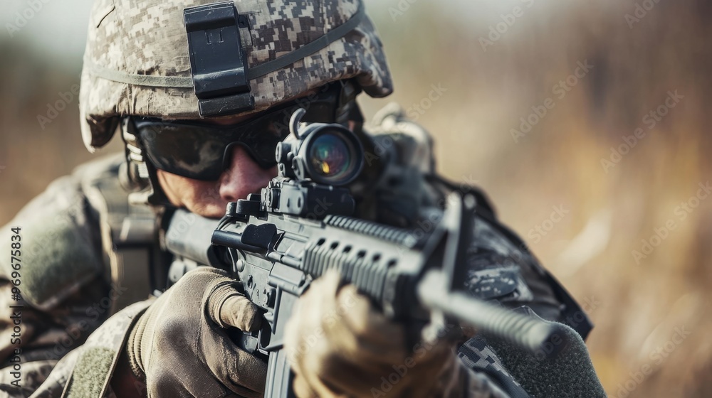 Intense Soldier in Camouflage Aiming with Precision Rifle Intense Soldier in Camouflage Aiming with Precision Rifle