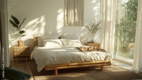 A serene bedroom with a bamboo bed frame, organic cotton linens, and eco-friendly wooden nightstands, bathed in natural light