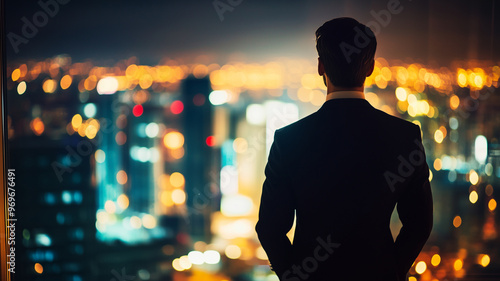 Businessman Contemplating City Lights at Night