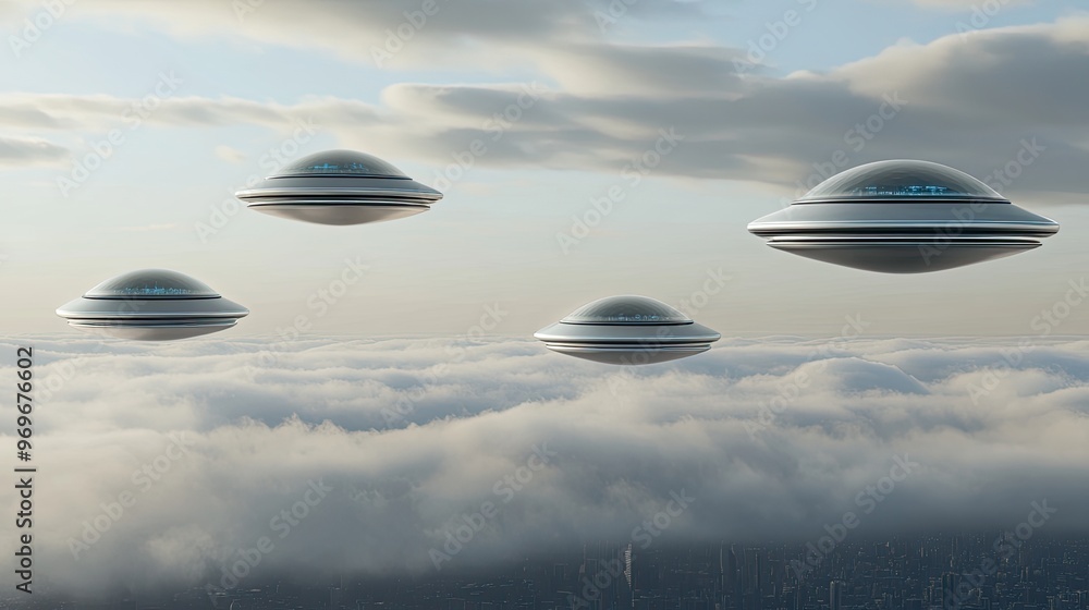 Fototapeta premium The alien city, with its silver and blue tones, hovers above the clouds as flying saucers glide around it, creating a stunning visual in a dramatic atmosphere
