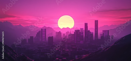 Futuristic City Skyline at Sunset.