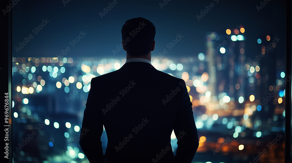 Businessman Contemplating City Lights at Night Businessman Contemplating City Lights at Night